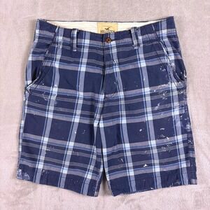 Hollister California Men's Plaid Shorts 33 W36 Blue Button Fly Paint Splatter